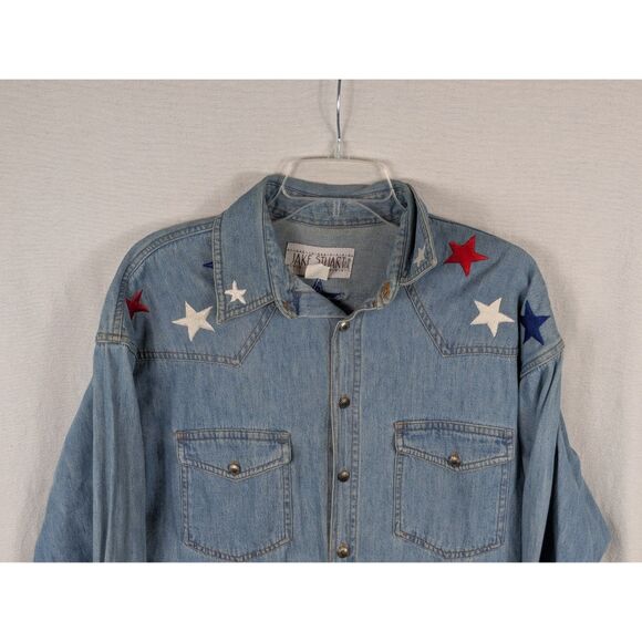 Vintage Jake Stewart Embroidered Stars & Boots Denim Button Up Shirt Size Medium - Picture 2 of 16
